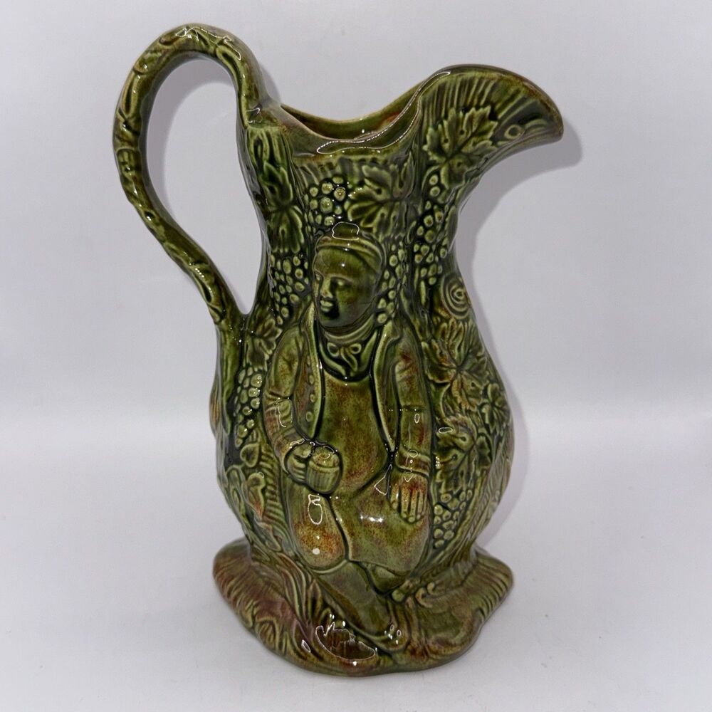 Antique Majolica Green Relief Figural Pitcher Unmarked 7.5in Tall Art Pottery